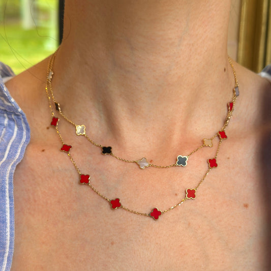 14KT Yellow Gold 7mm Red Enamel Clover Station Necklace