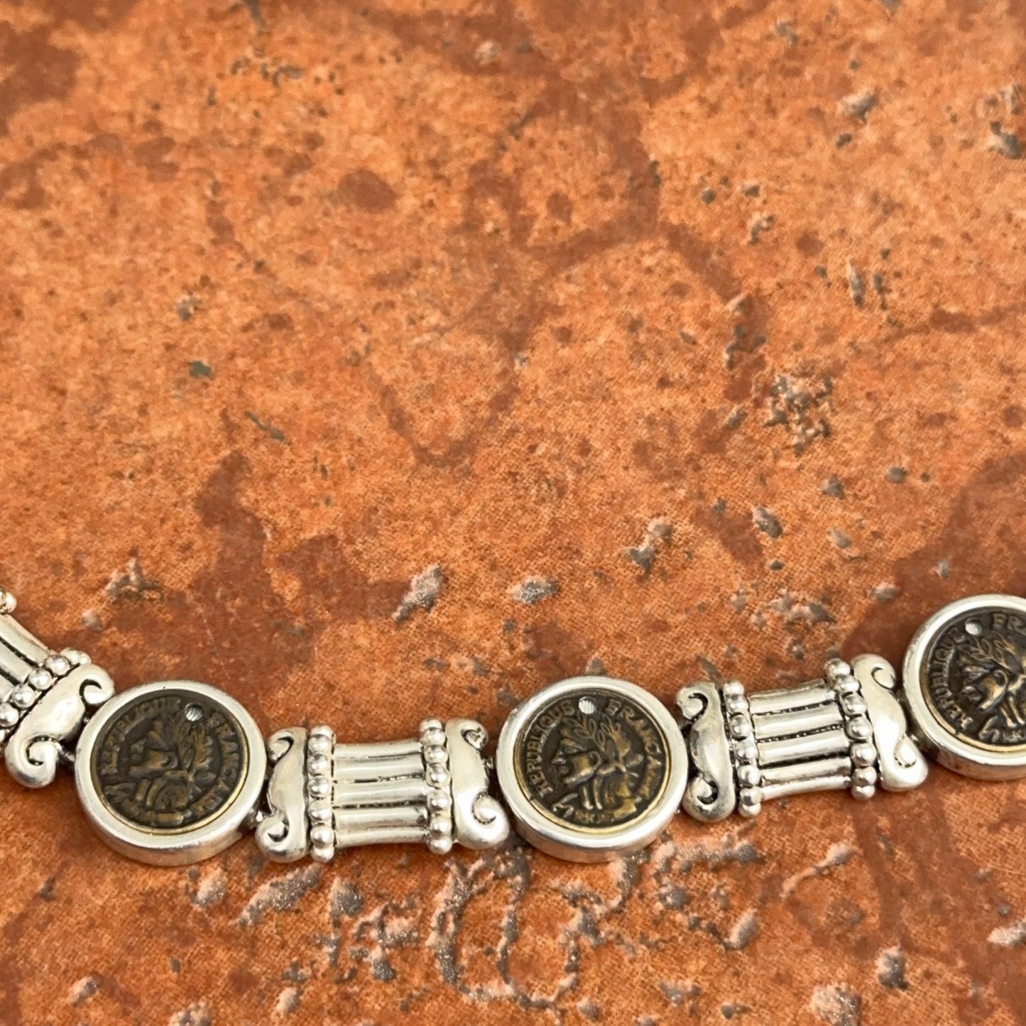 Estate Silver-Tone-Plated Replica Bronze Coin Bezel Set Chain Necklace - LSJ