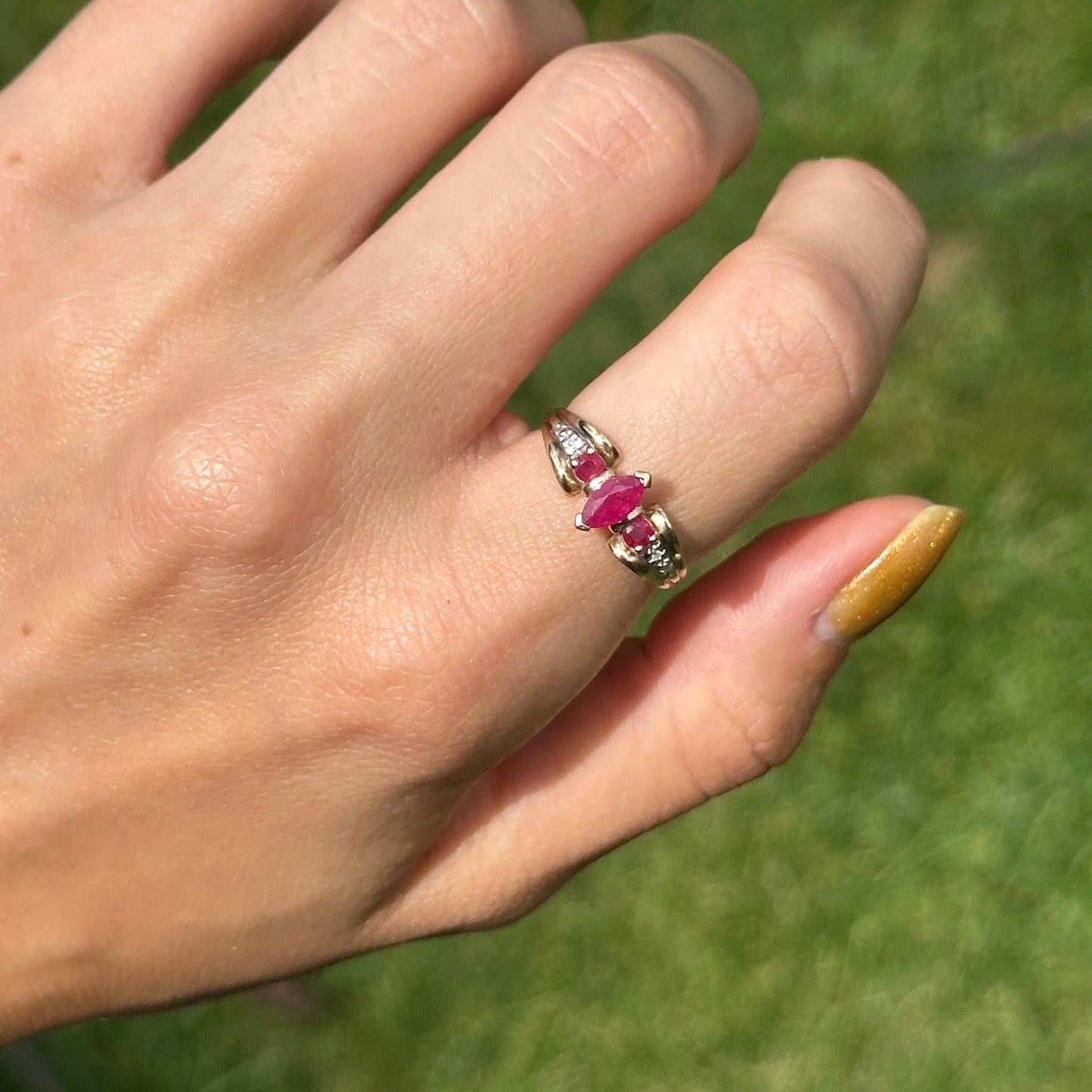 Estate 10KT Yellow Gold Marquise Ruby + Diamond Ring