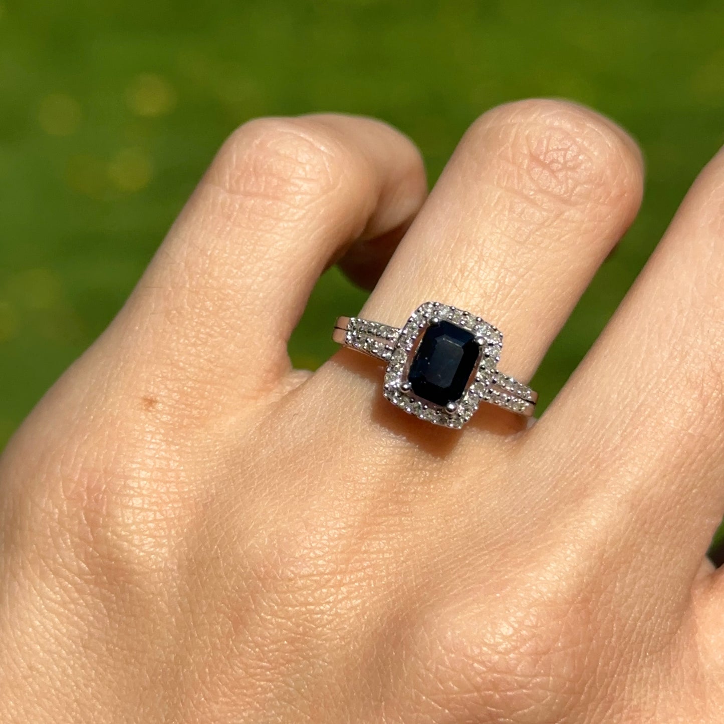 Estate 14KT White Gold Emerald-Cut Blue Sapphire + Diamond Square Halo Ring