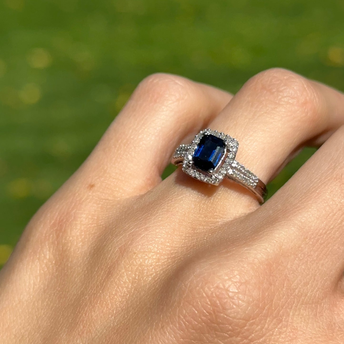 Estate 14KT White Gold Emerald-Cut Blue Sapphire + Diamond Square Halo Ring