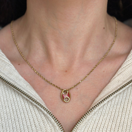 14KT Yellow Gold Red Enamel Puffed Mariner Link Pendant Slide