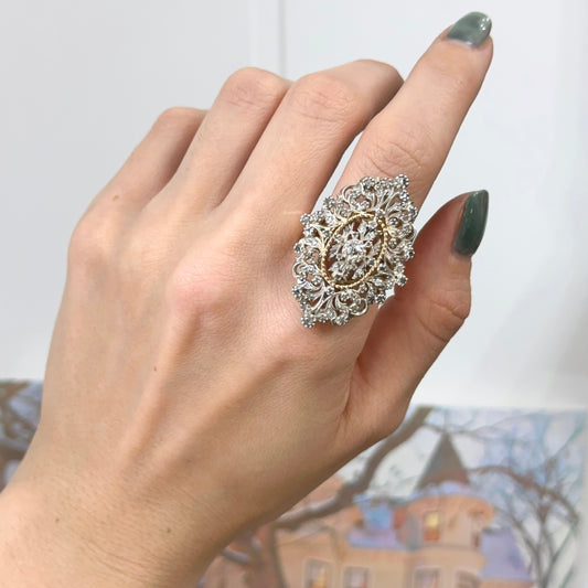 Estate 18KT Yellow Gold + Platinum Faceted Diamond Filigree Large Accent Ring