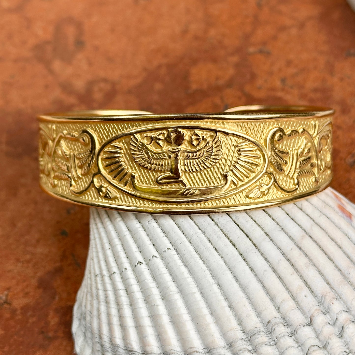 Estate 18KT Yellow Gold Egyptian Cuff Bangle Bracelet