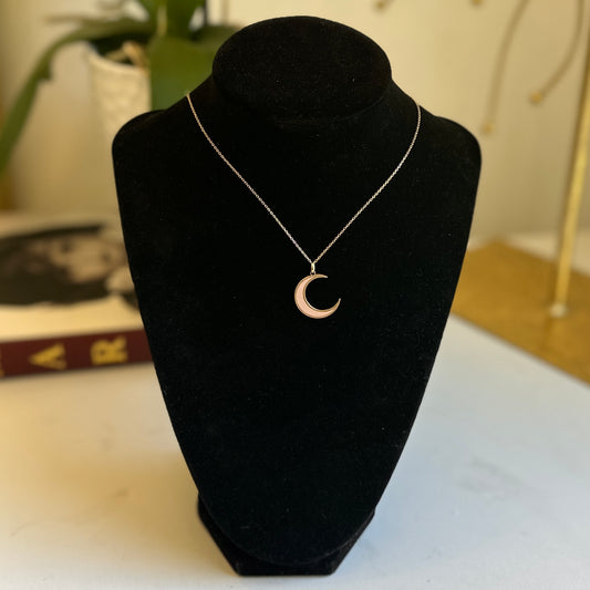 14KT Yellow Gold Pink Enamel Inlayed Crescent Large Moon Pendant Charm
