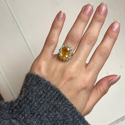 Estate 18KT Yellow Gold Oval Yellow Sapphire + Diamond Halo Ring