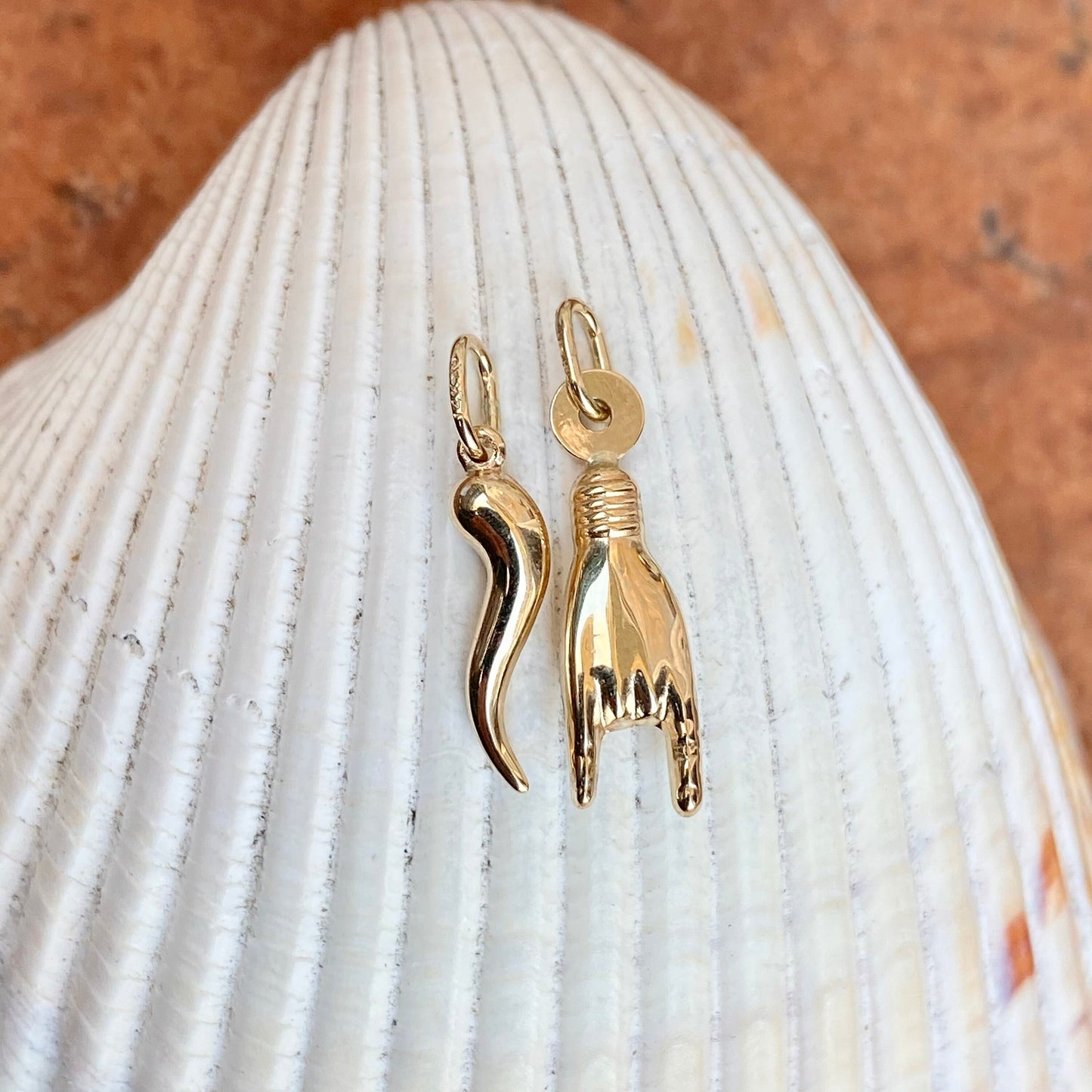 14KT Yellow Gold Mano Cornuto + Italian Horn Pendant Charms Set