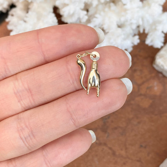 14KT Yellow Gold Mano Cornuto + Italian Horn Pendant Charms Set