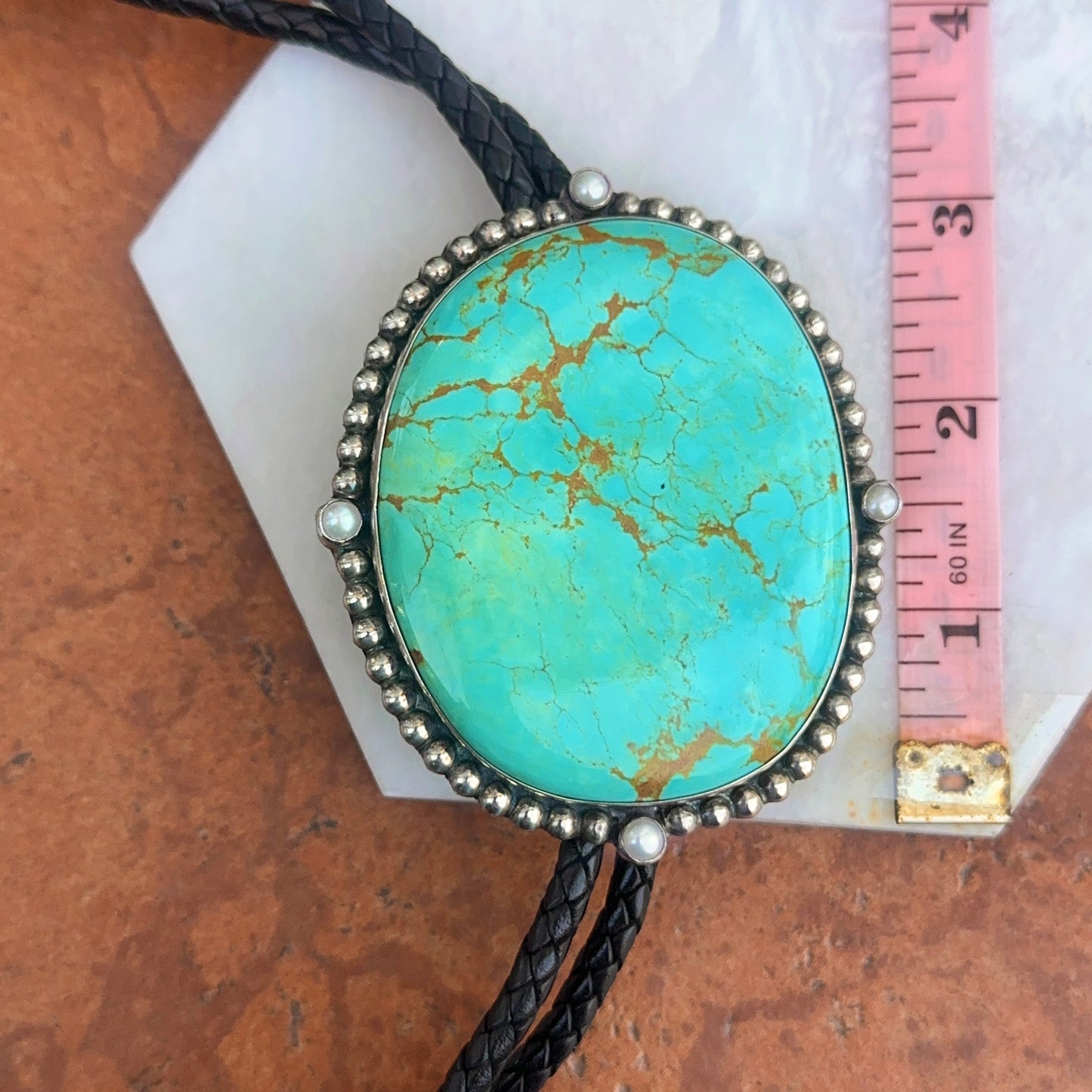 Estate Sterling Silver Large Kingman Turquoise + Pearl Black Leather Bolo Tie Necklace