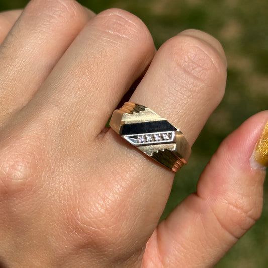 Estate 10KT Yellow and White Gold Onyx + Diamond Square Ring