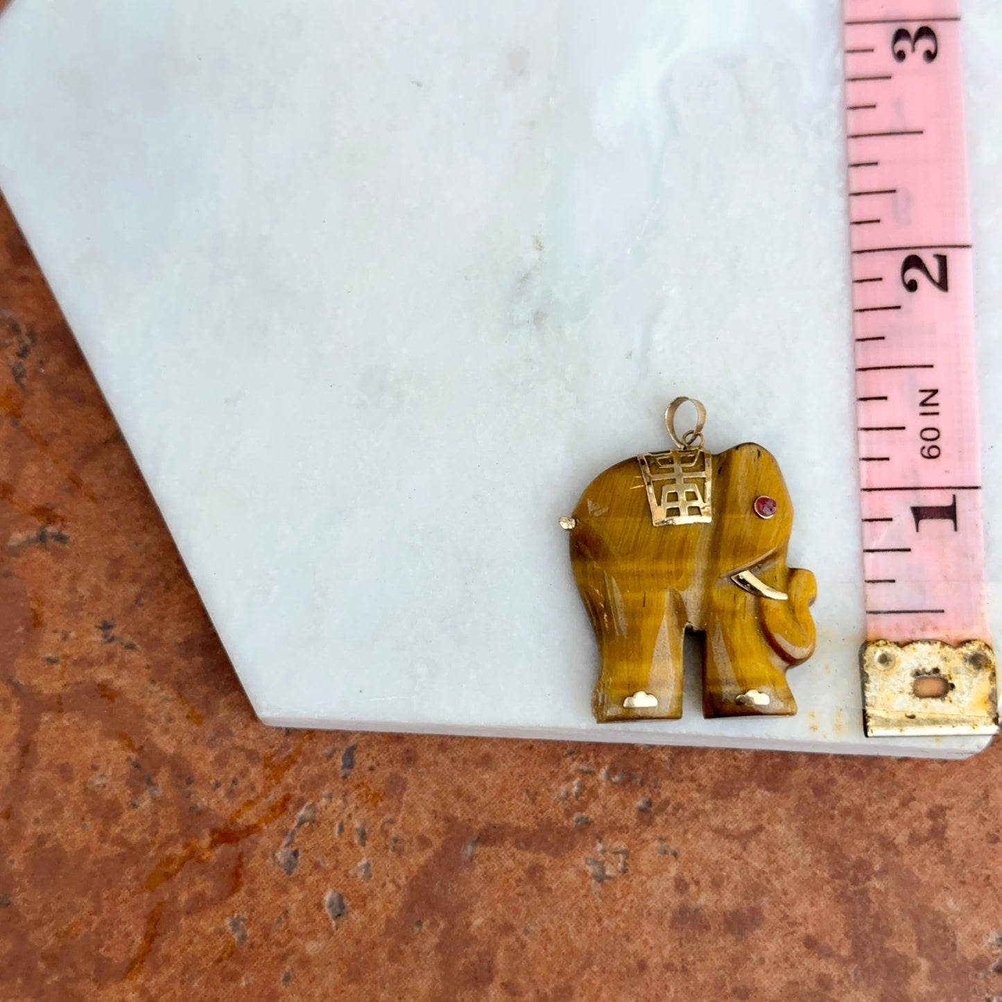 Estate 14KT Yellow Gold Carved Tiger’s Eye Elephant + Red Stone Eye Pendant