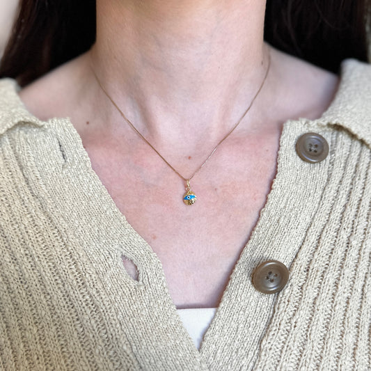 14KT Yellow Gold Diamond-Cut Blue Evil Eye Round Pendant Charm