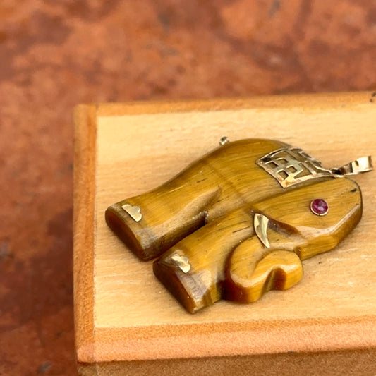 Estate 14KT Yellow Gold Carved Tiger’s Eye Elephant + Red Stone Eye Pendant