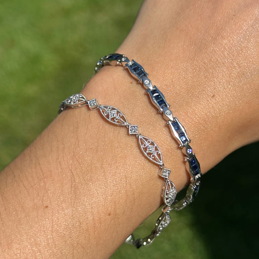 Estate 14KT White Gold Square Blue Sapphire + Diamond Tennis Bracelet