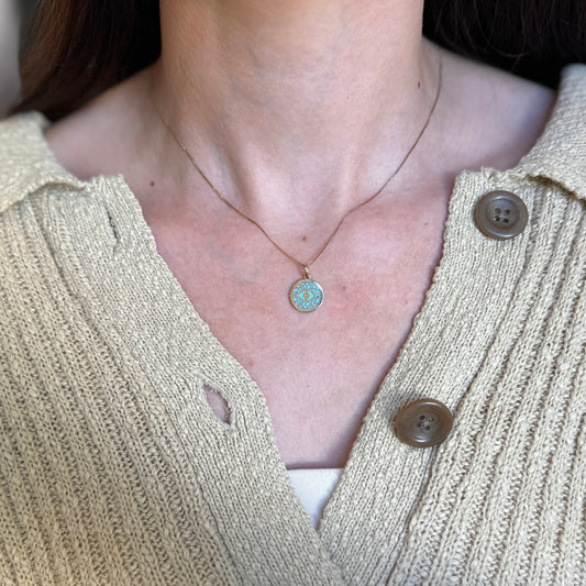 14KT Yellow Gold Turquoise Filigree Evil Eye Round Pendant Charm