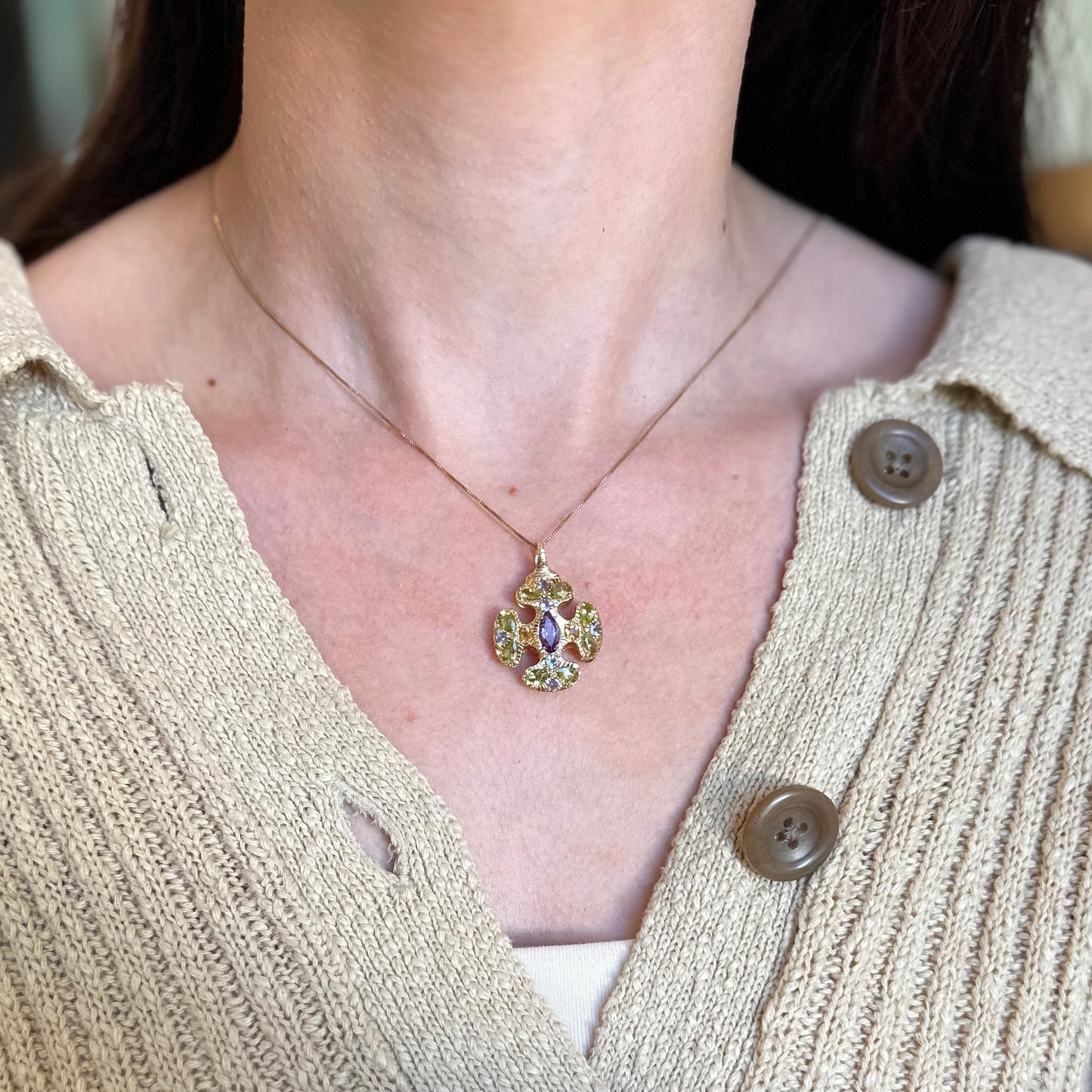 Vintage Estate 14KT Yellow Gold Gemstone Maltese Cross Pendant