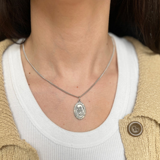 Sterling Silver Antiqued Oval St Christopher Medal Pendant Necklace