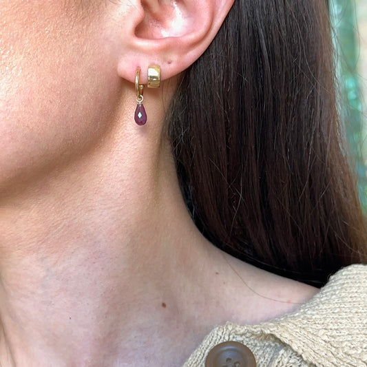 14KT Yellow Gold Teardrop Ruby Charm Hoop Earrings