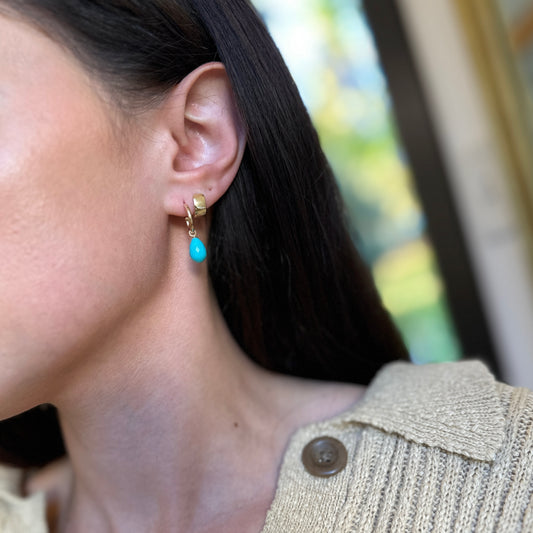 14KT Yellow Gold Teardrop Turquoise Charm Hoop Earrings