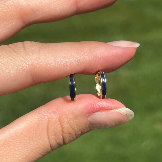 14KT Yellow Gold Solid Navy Blue Enamel Huggie Hoop Earrings Small