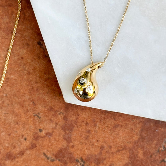 14KT Yellow Gold Puffed Diamond Gypsy-Set Teardrop Pendant Chain Necklace