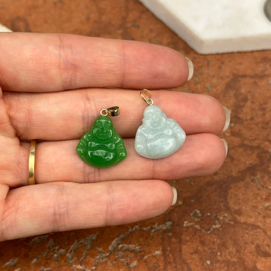 Estate 14KT Yellow Gold Green Jade Buddha Pendant 18mm