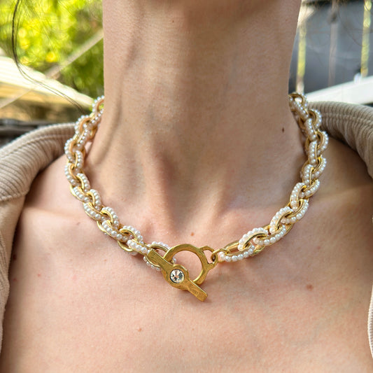 Yellow Gold-Plated Pearl Bead Cable Necklace + Matte Toggle Clasp 18''