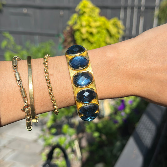 18K Yellow Gold-Plated Oval Checkerboard Blue Stone Lattice Hinged Bracelet