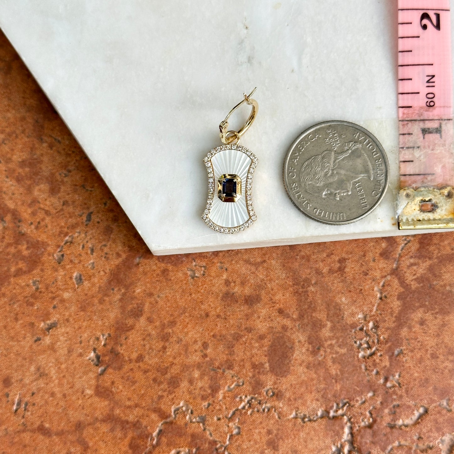 14KT Yellow Gold Mother of Pearl Blue Sapphire + Round Diamond Drop Dangle Hoop Earrings