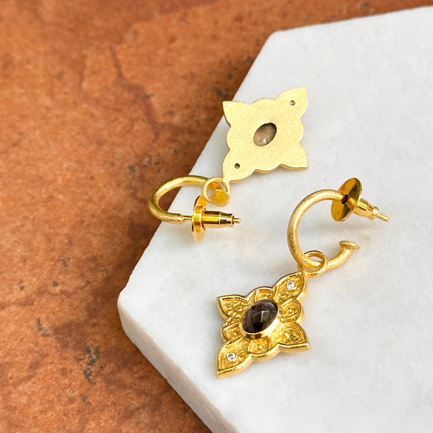 Yellow Gold-Plated Oval Purple Stone + Cubic Zirconia Dangle Hoop Earrings