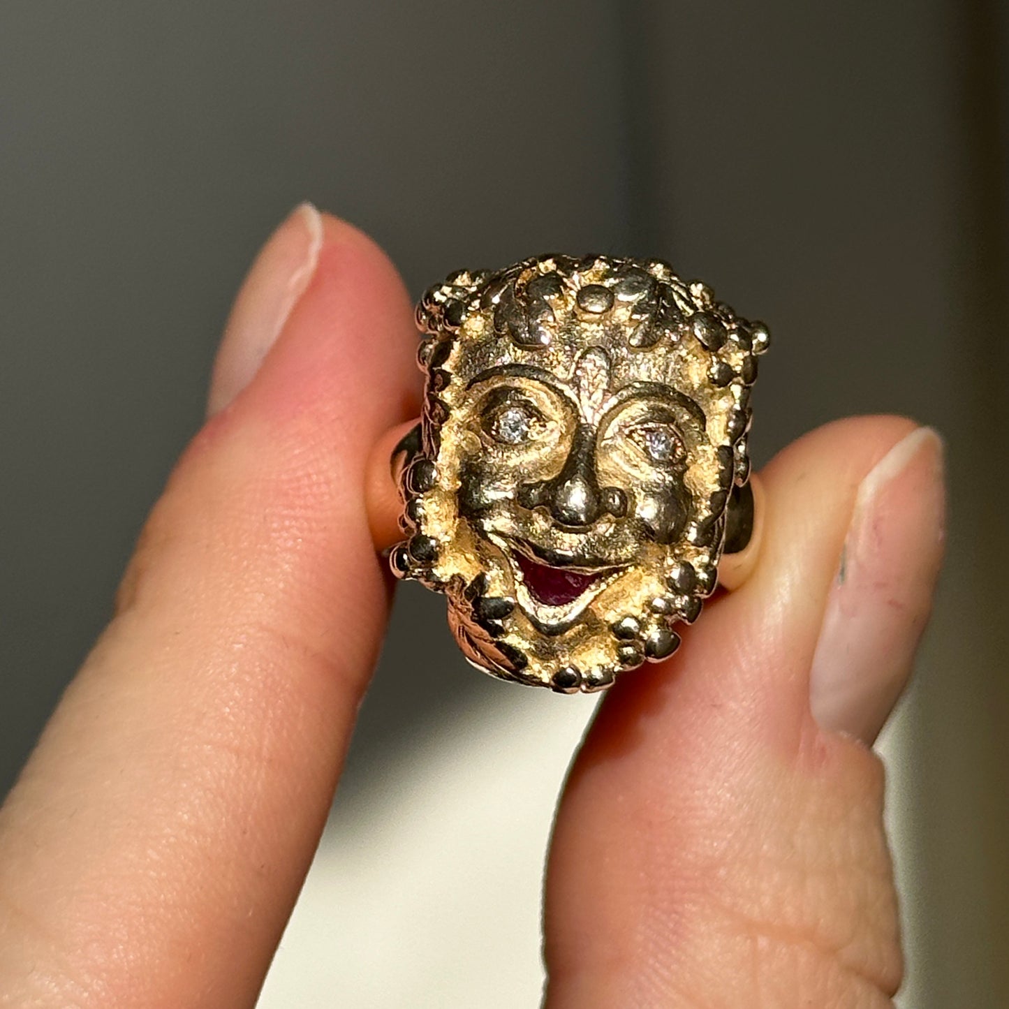 Estate 14KT Yellow Gold Zeus Ring Diamond + Ruby