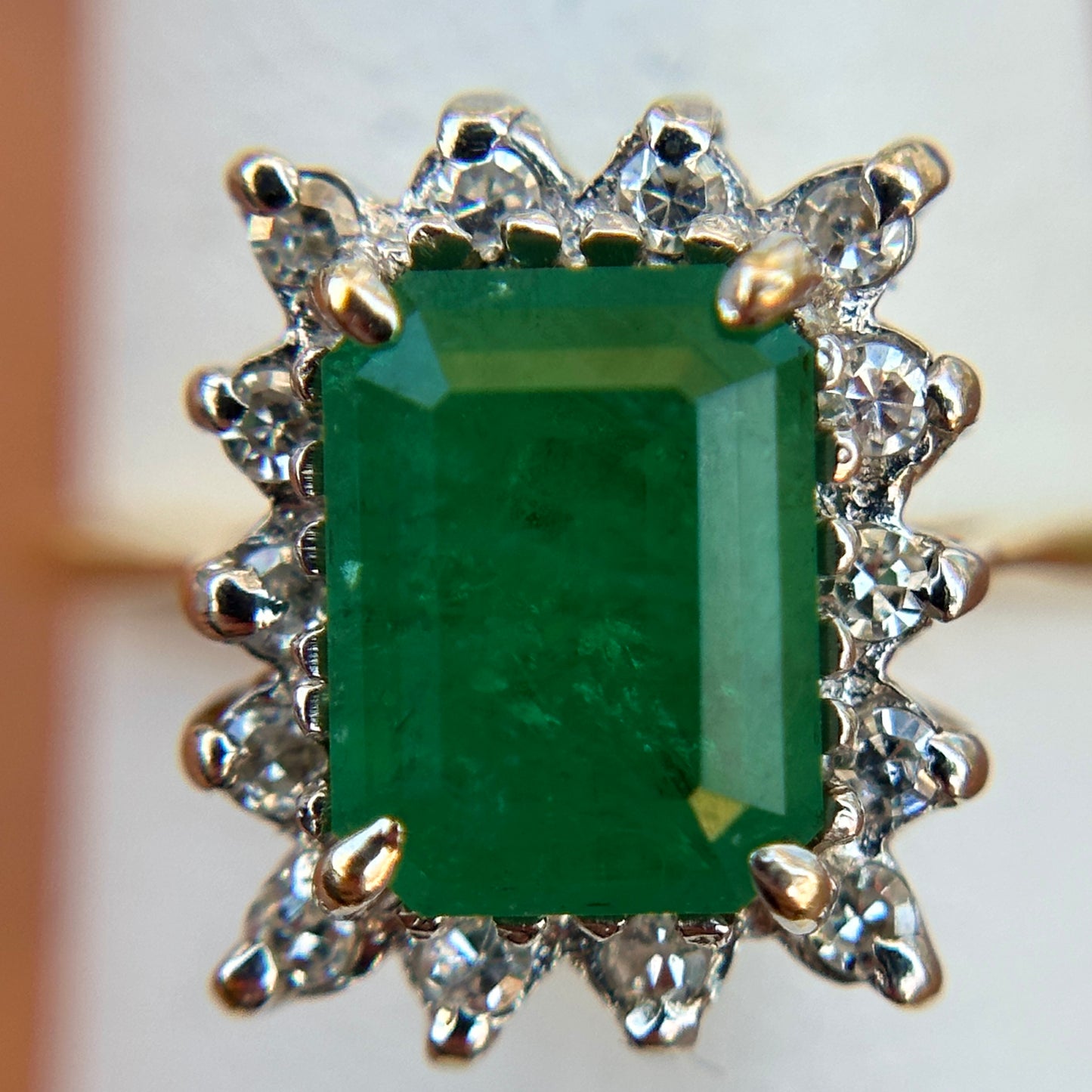 Estate 14KT Yellow Gold Emerald + Diamond Halo Ring