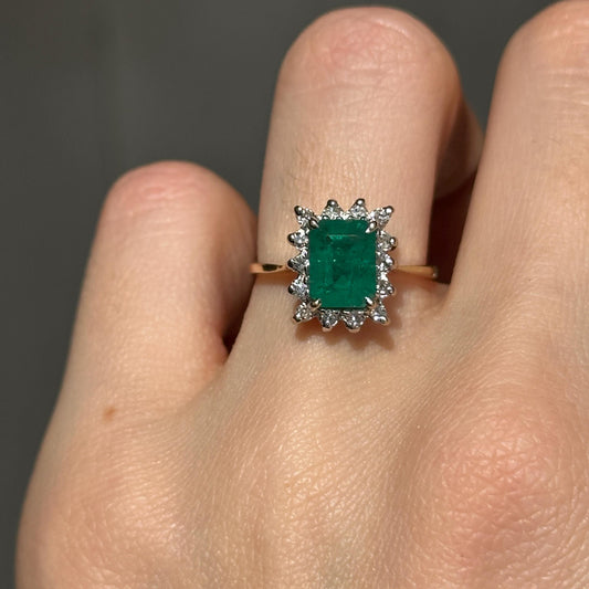 Estate 14KT Yellow Gold Emerald + Diamond Halo Ring