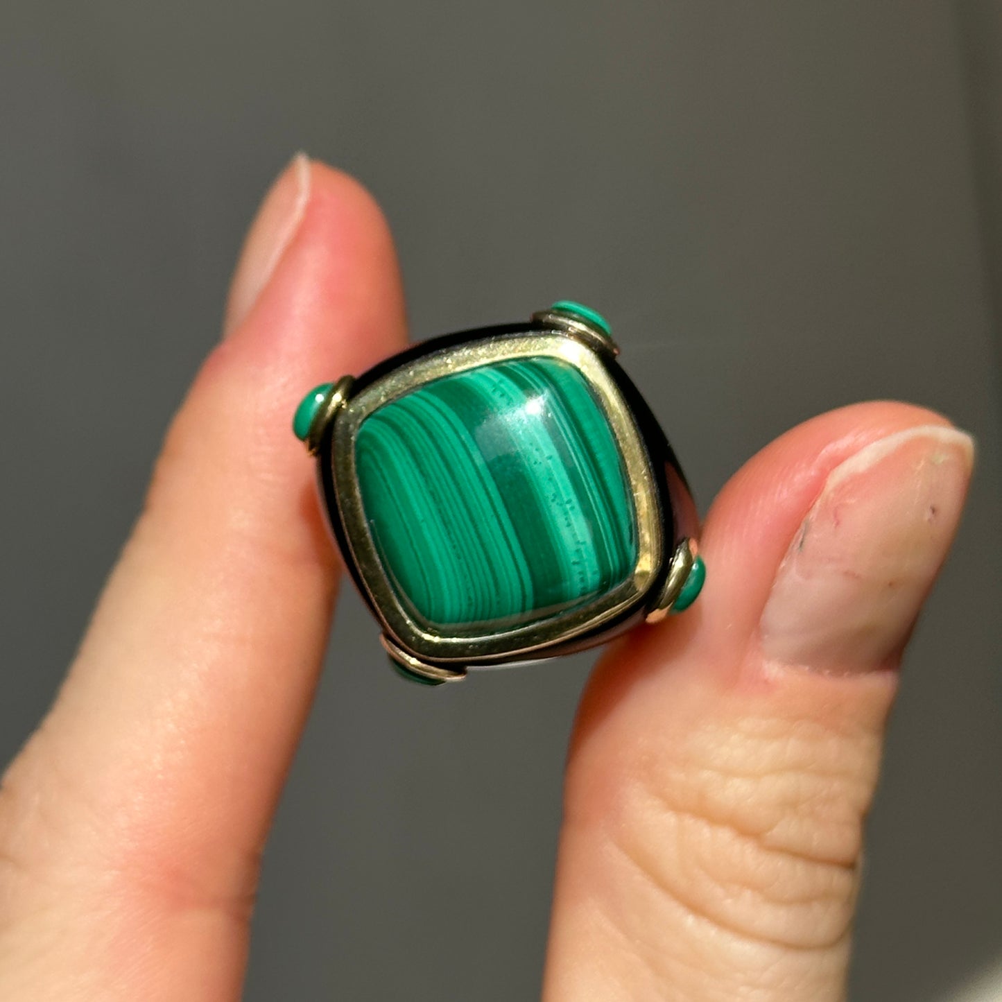 Estate Yellow Gold Plated Sterling Silver Black Onyx + Green Malachite Ring