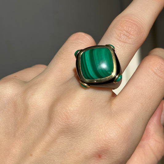 Estate Yellow Gold Plated Sterling Silver Black Onyx + Green Malachite Ring