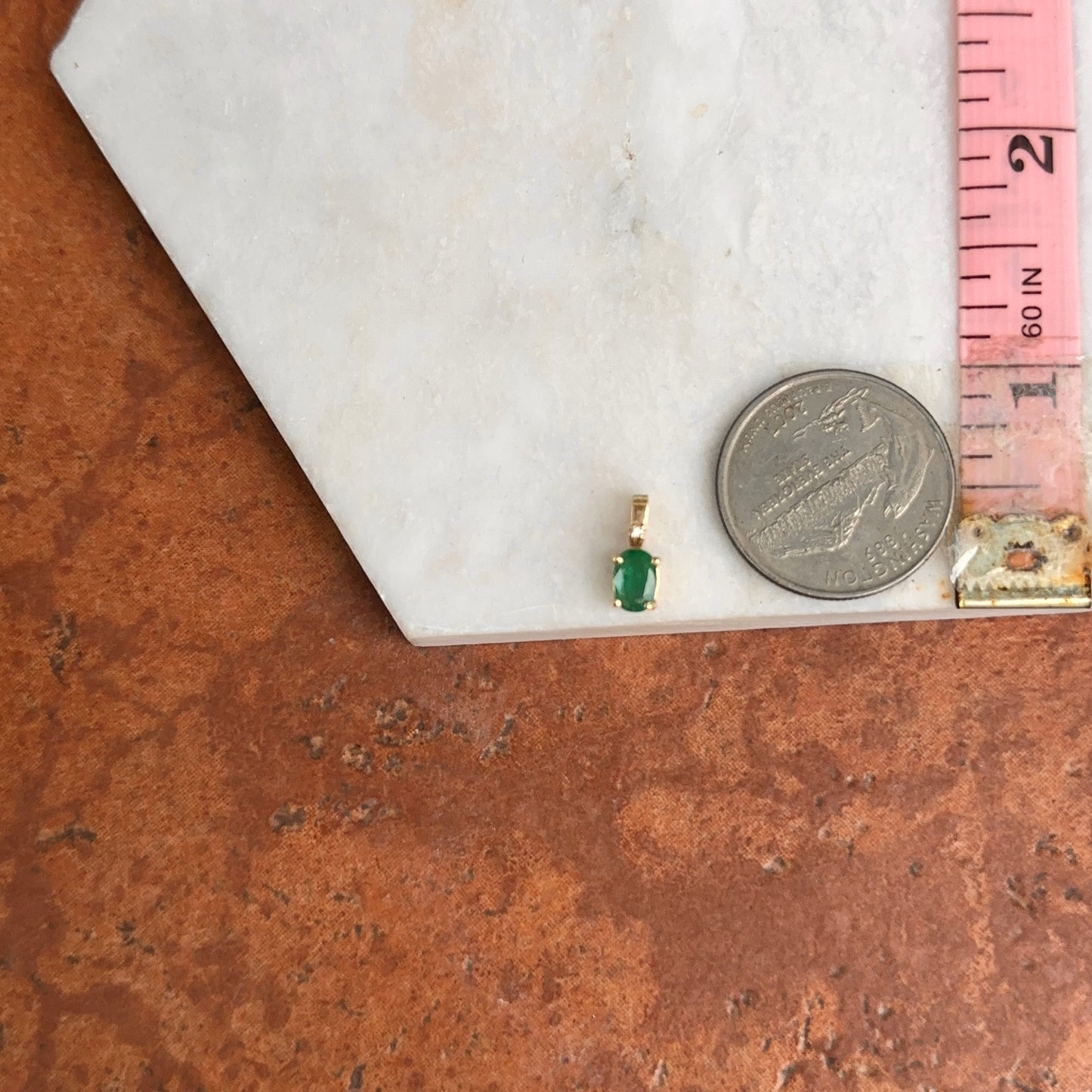 Estate 14KT Yellow Gold Oval Emerald + Diamond Pendant Charm Small