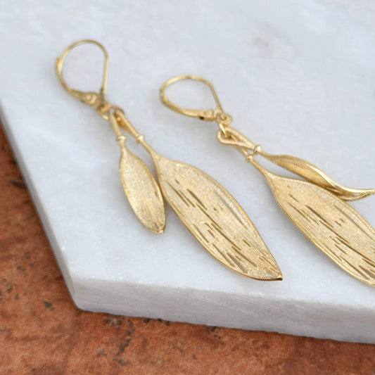 14KT Yellow Gold Matte Feather Dangle Earrings - LSJ