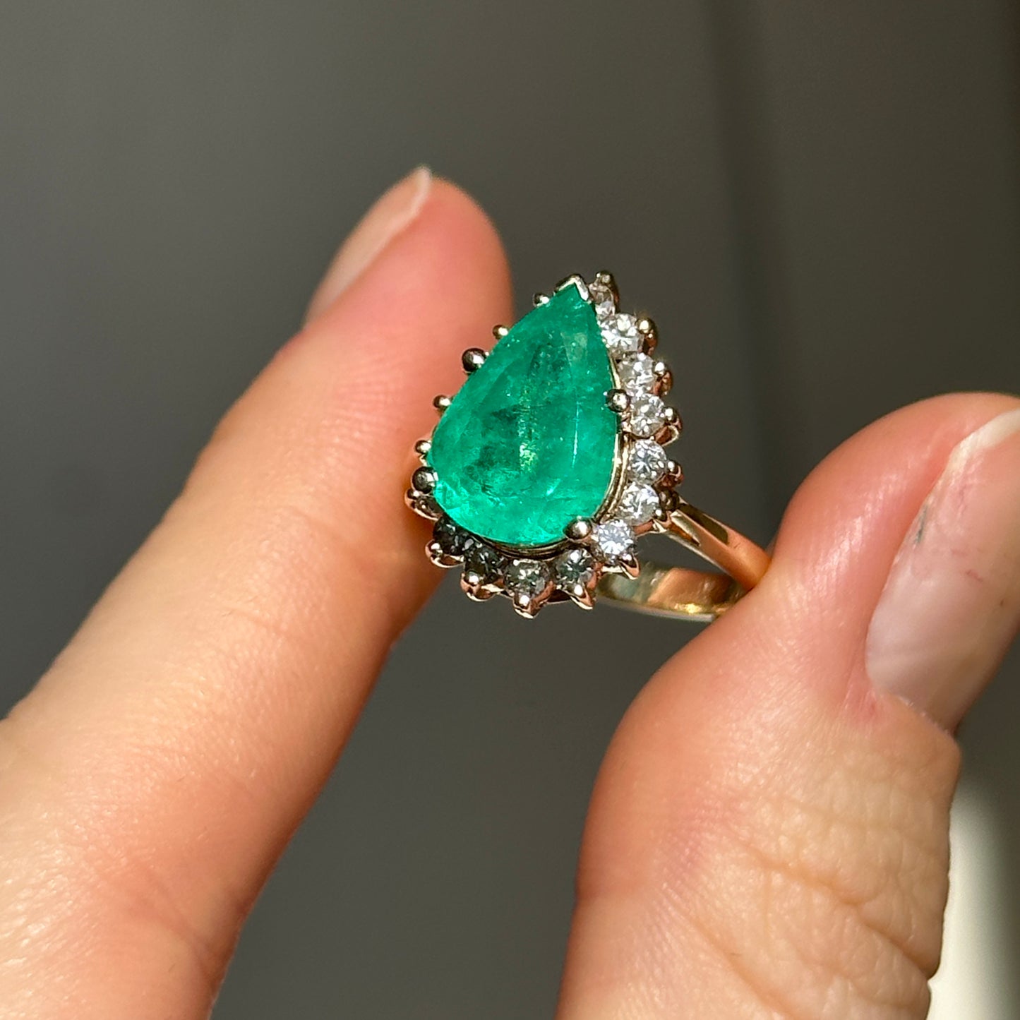 Estate 14KT Yellow Gold Colombian Pear-Cut Emerald + Diamond Halo Ring