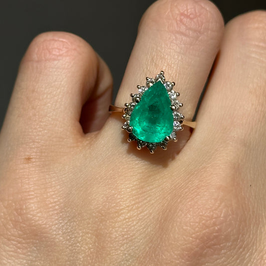 Estate 14KT Yellow Gold Colombian Pear-Cut Emerald + Diamond Halo Ring
