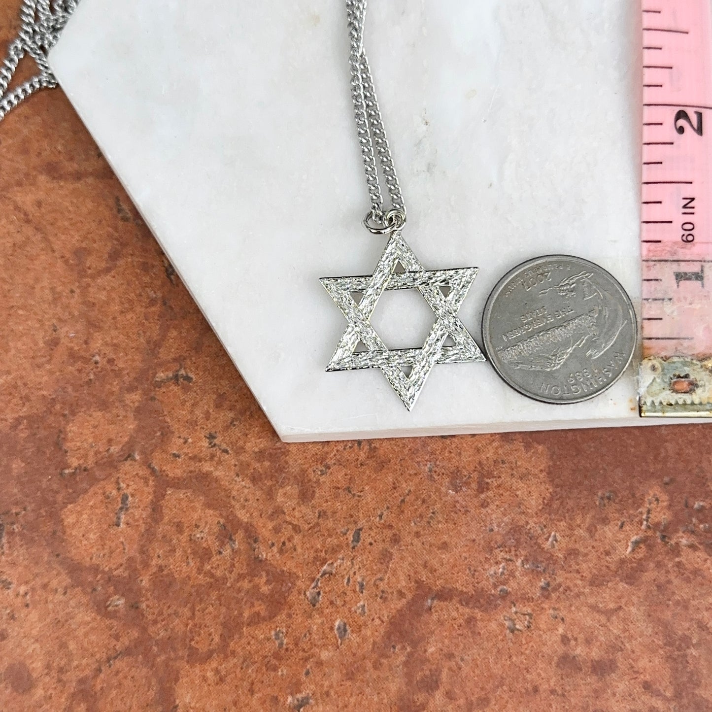 Polished Sterling Silver Textured Star of David Pendant Necklace 18in