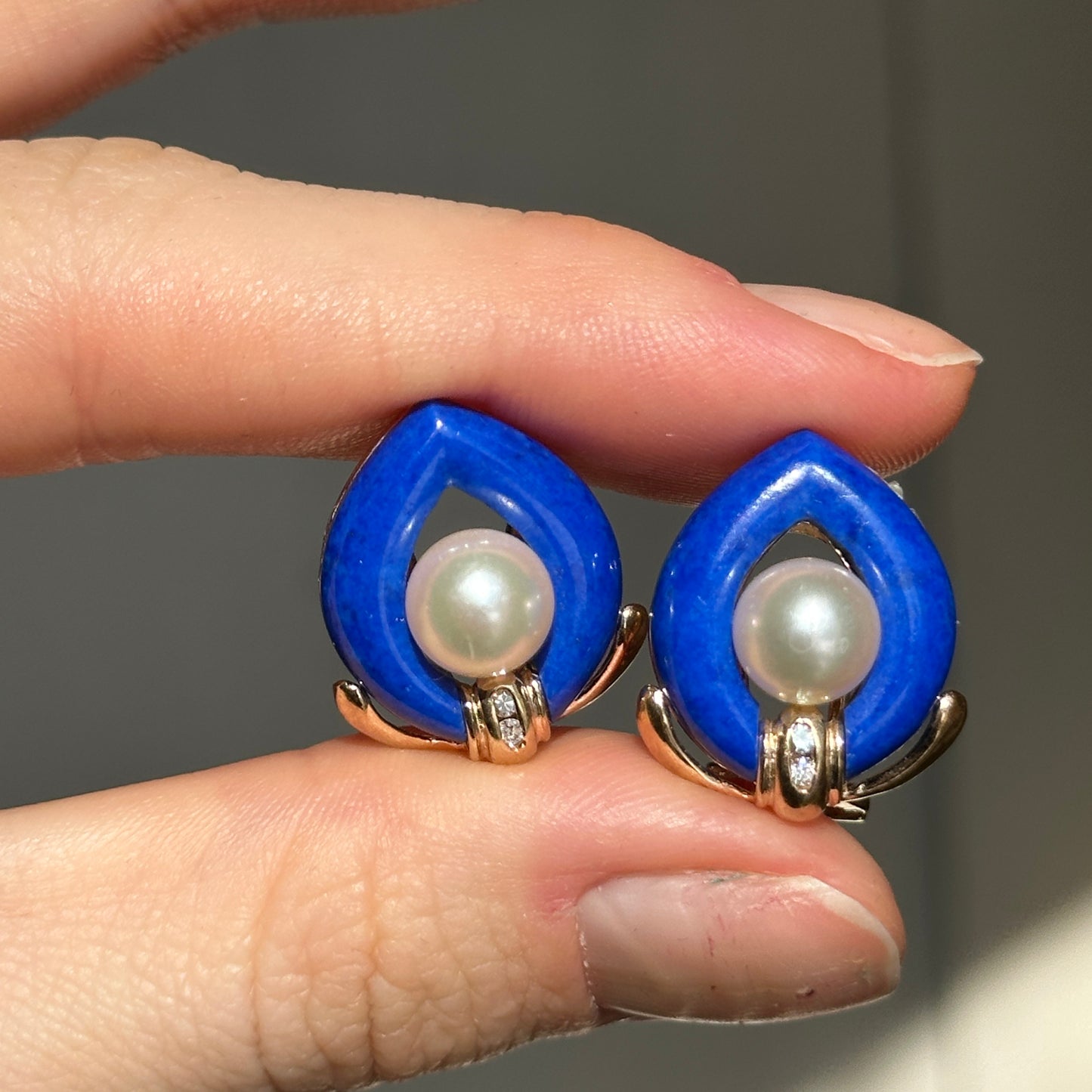 Estate 14KT Yellow Gold Blue Lapis, Pearl + Diamond Earrings