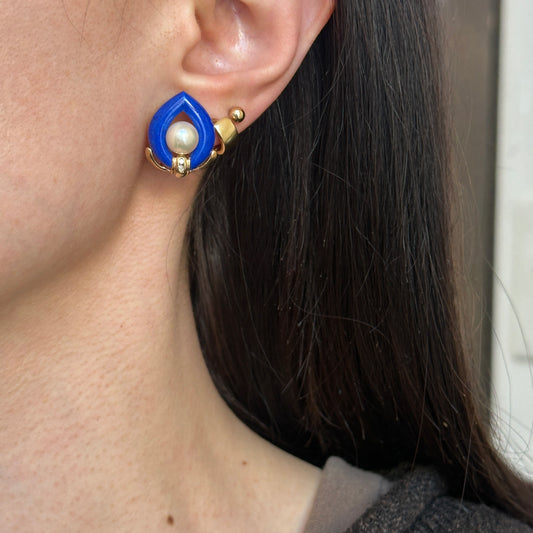 Estate 14KT Yellow Gold Blue Lapis, Pearl + Diamond Earrings