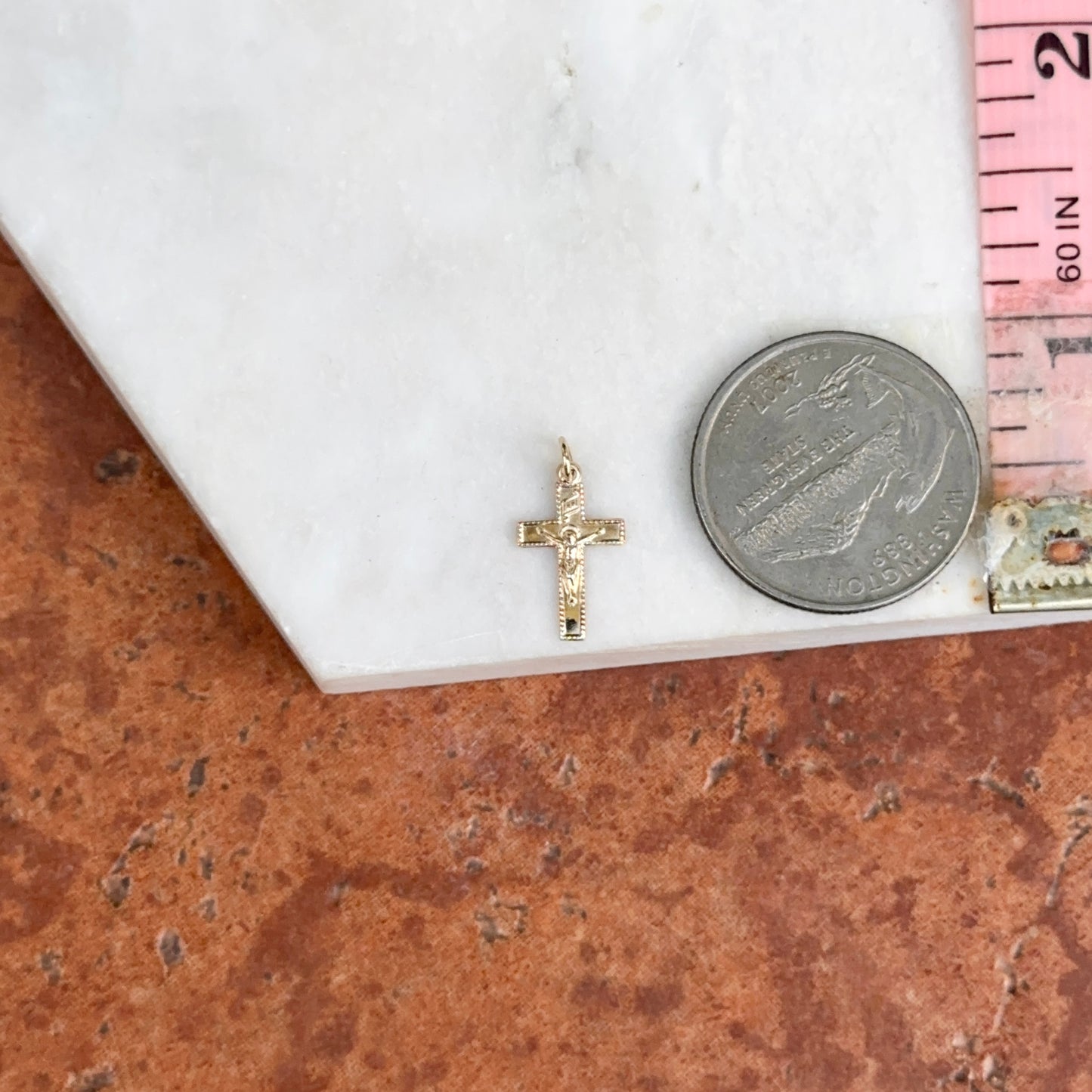 14KT Yellow Gold Mini INRI Crucifix Textured Cross Pendant Charm