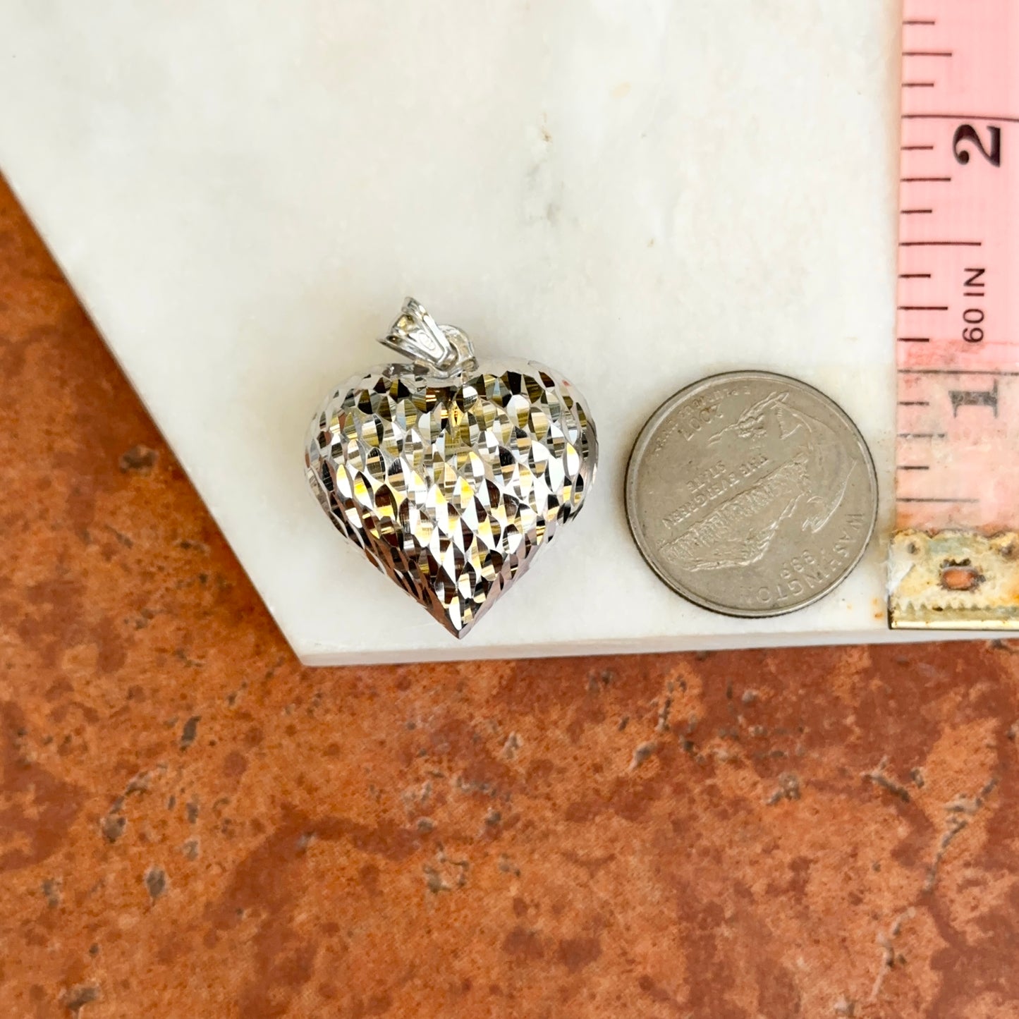 Sterling Silver Diamond-Cut Textured/Smooth Reversible Puffed Heart Pendant