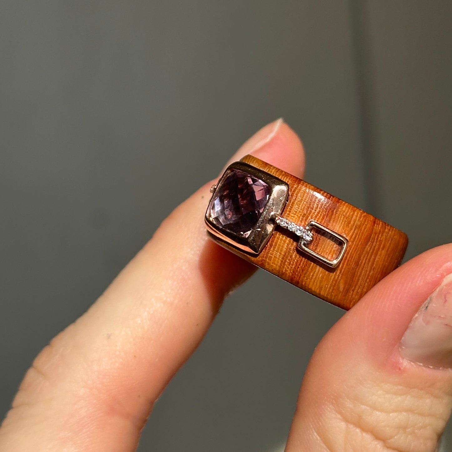 Estate 10KT Rose Gold Amethyst Red Wood + Diamond Ring