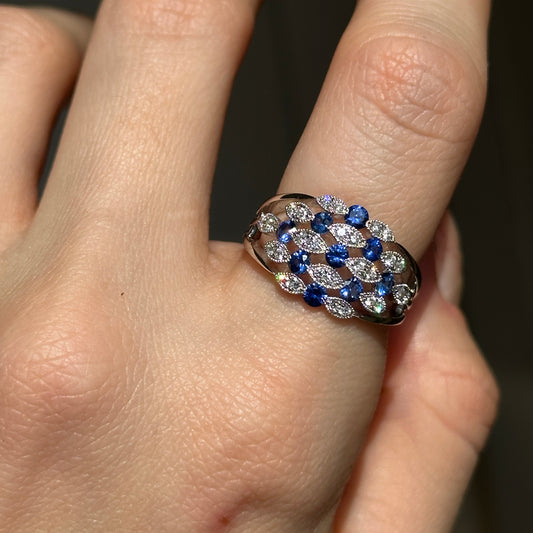 Estate 14KT White Gold Blue Sapphire + Diamond Dome Ring