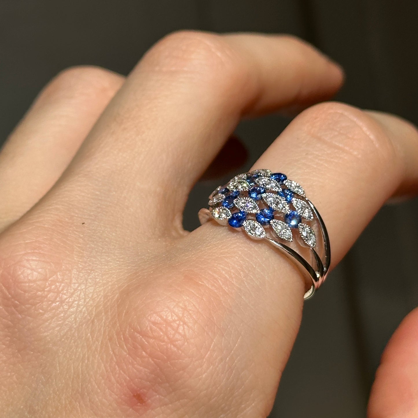 Estate 14KT White Gold Blue Sapphire + Diamond Dome Ring - LSJ