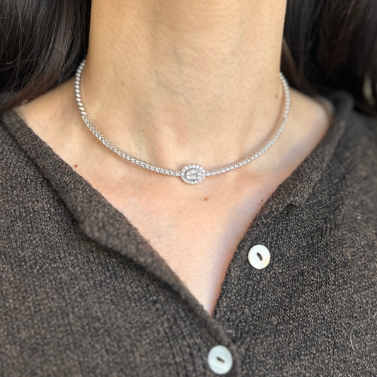 Estate 18KT White Gold Collar Necklace Round Diamonds + Baguette Halo