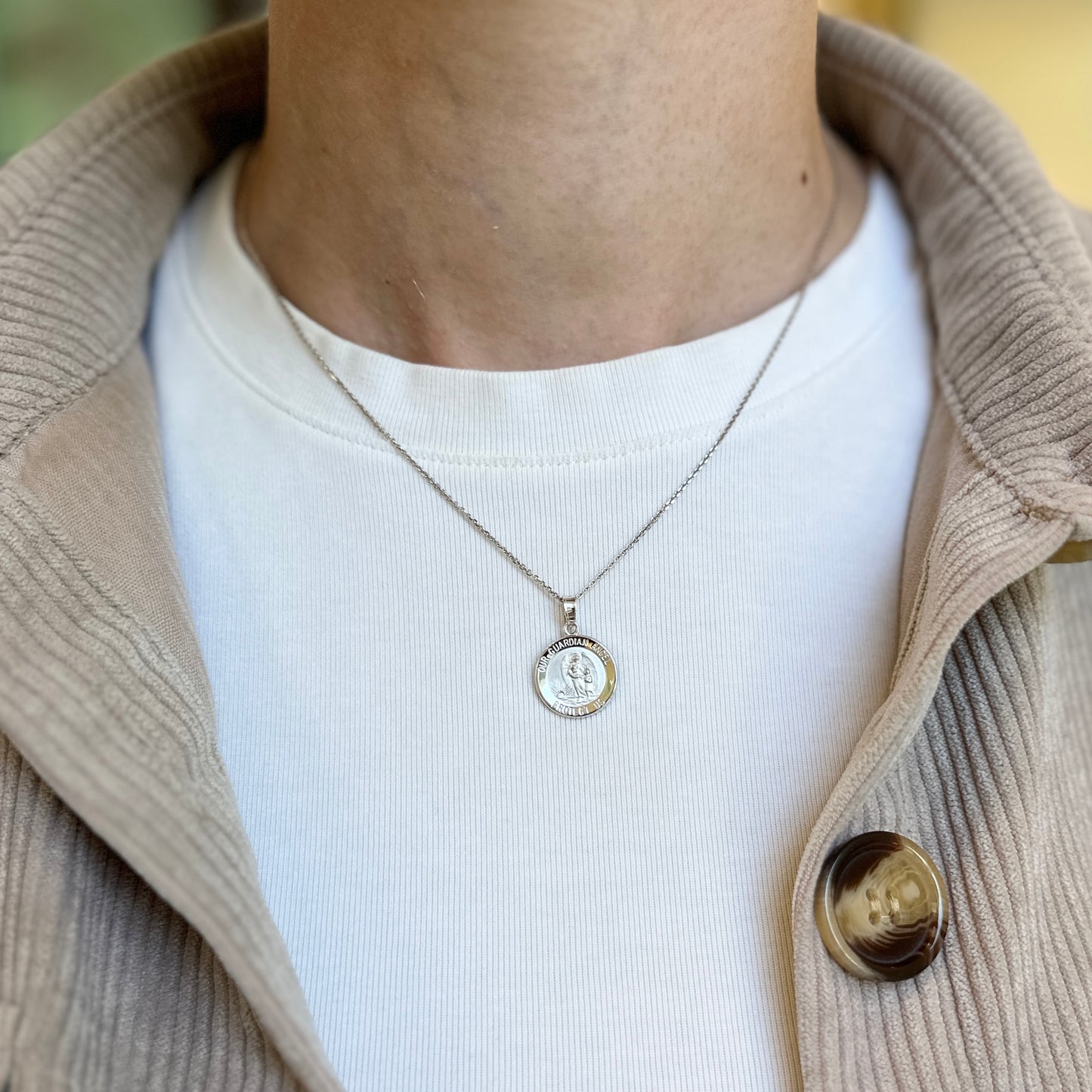 14KT White Gold Guardian Angel "Protect Us" Medal Pendant Charm