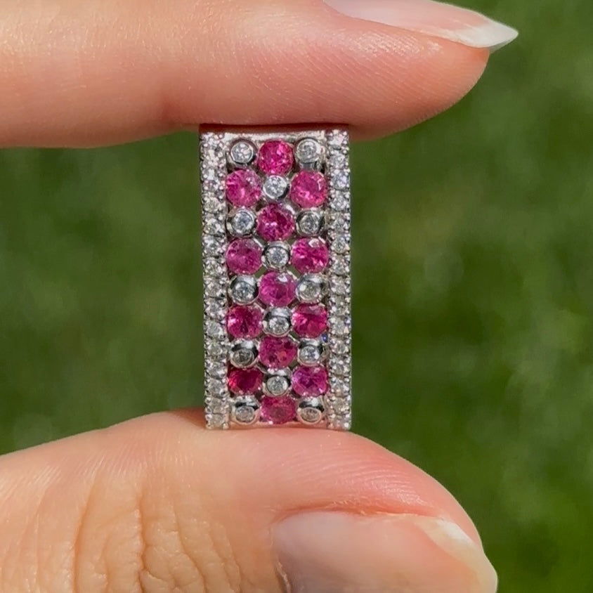 Estate 14KT White Gold Ruby + Diamond Rectangle Pendant Slide